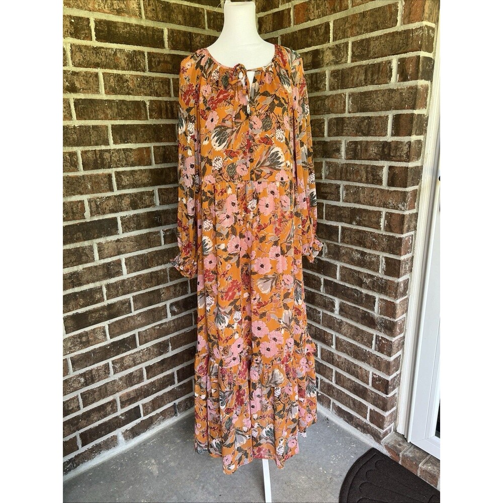 Kate & Sam Burnt Orange Ruffle Maxi Dress Size Medium Pink Long Sleeves Sunset - Picture 2 of 16